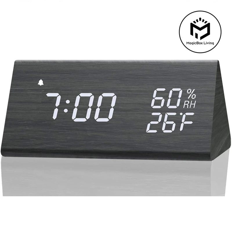 Wooden alarm clock led time display usb charger humidity and temperature detection digital for bedside table