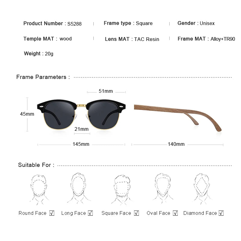 Merrys design classic wooden sunglasses for men women polarized uv400 protection semi-rimless retro eyewear handmade