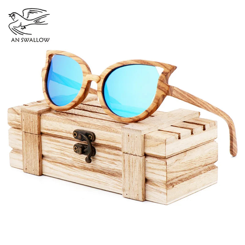 2022 luxury design fashion women’s zebra wood sunglasses polarized uv400 butterfly cat eye women with wooden case - ice