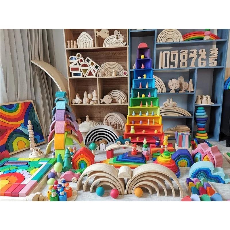 Kids wood rainbow arch stacker pastel building blocks semi-circle balls plate unpaint stacking toys - game