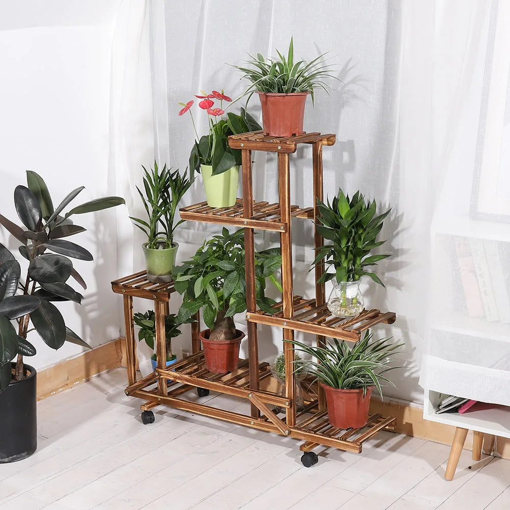 Unho wooden plant stand with wheels multi-layer rolling flower display shelf indoor movable storage rack holder outdoor