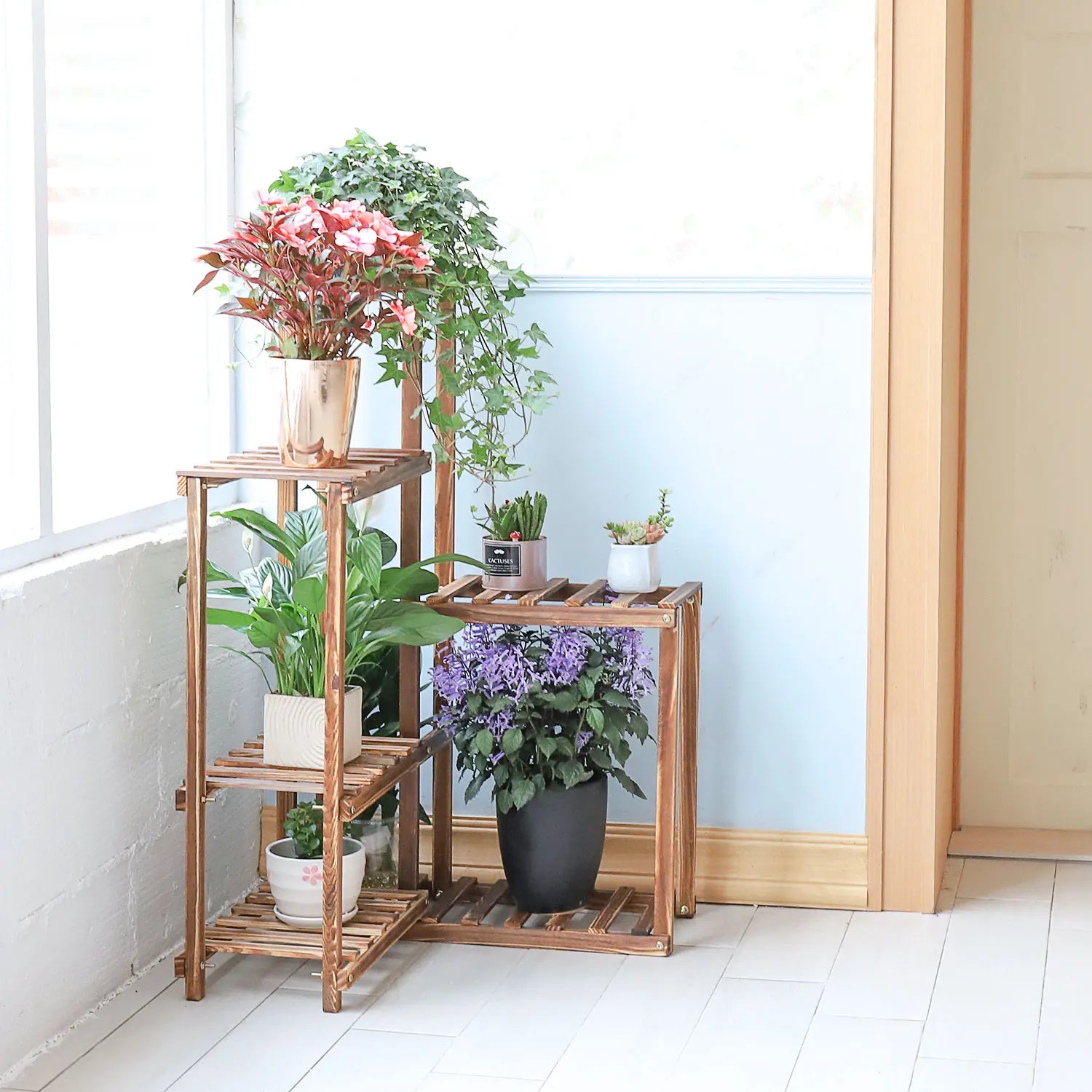 Plant corner stand 6 tier wood shelf indoor outdoor garden patio displaying shelves rack for flowers succulents planter