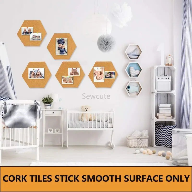 4pcs multifunction cork board self-adhesive office home wood photo background hexagon stickers wall message drawing