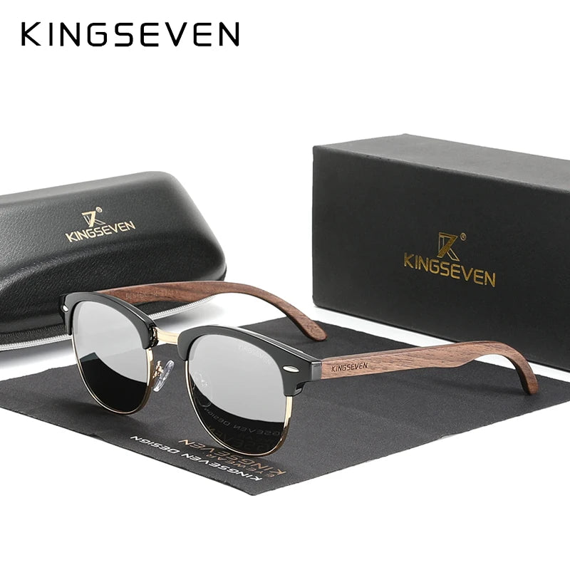 Kingseven new walnut wooden sunglasses for men polarized semi-rimless glasses uv400 eye protection retro eyewear women
