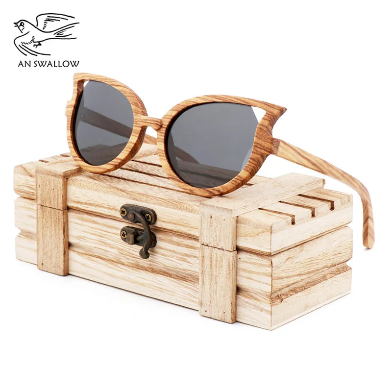 2022 luxury design fashion women’s zebra wood sunglasses polarized uv400 butterfly cat eye women with wooden case - gray