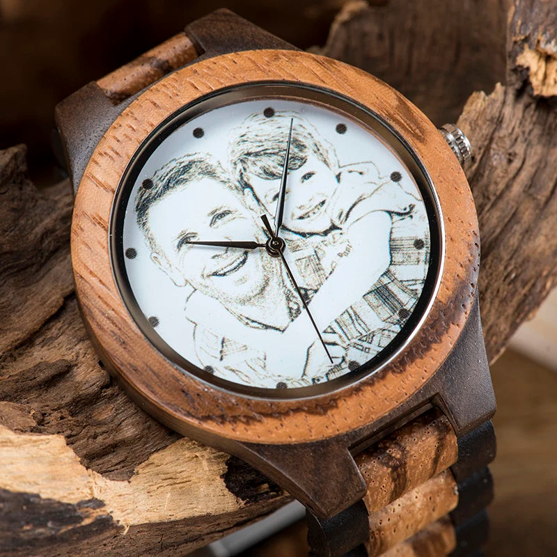 Custom logo printing photo men watch unique bamboo wood engrave picture wristwatch anniversary christmas father’s day
