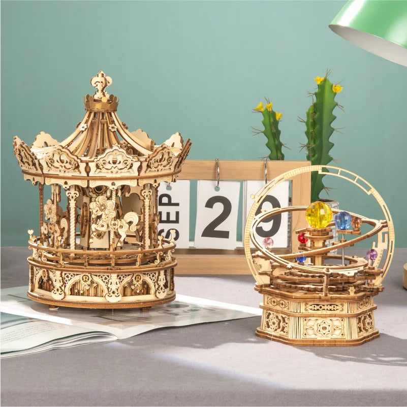 Robotime 3d wooden puzzle 336pcs rotatable diy romantic carousel game gift for children kids adult amk62 assembly music