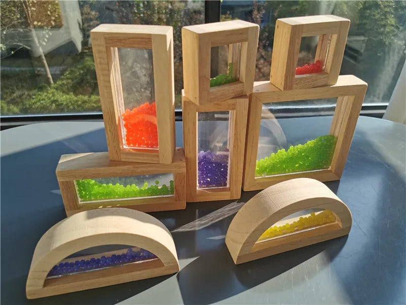Large children montessori wooden toys sensory blocks liquid beads sand rubber wood stacking acrylic buliding play