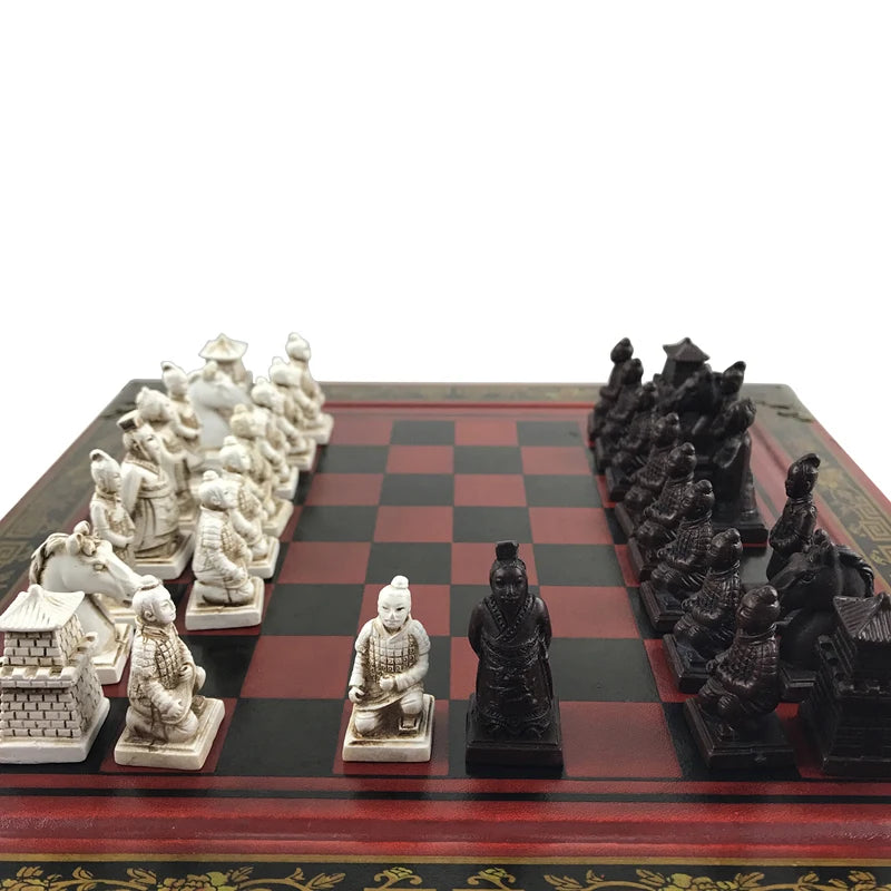 Vintage collection chess 26*26cm(10.24inch) terracotta warriors wood carving resin chessman christmas birthday premium