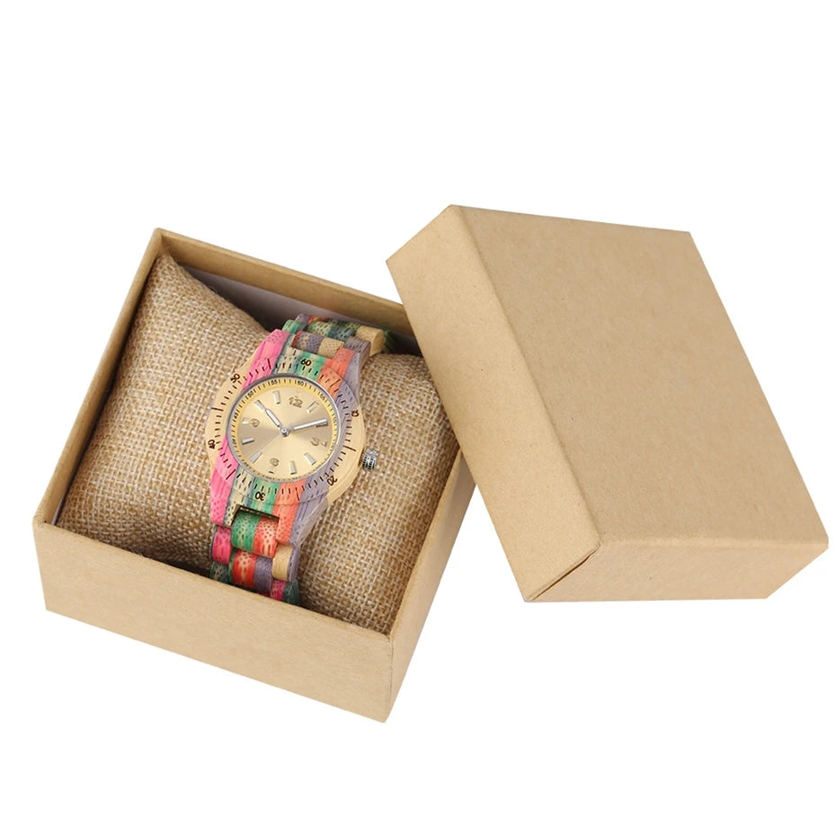 Women wood watch 100% handmade natural colorful bamboo quartz wristwatch design luxury montre bambu dama madera relojes