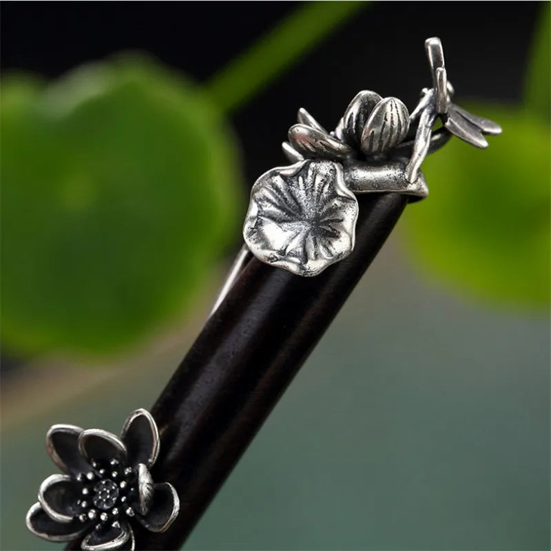 Uglyless natural wood sandalwood ethnic hair sticks for women thai silver lotus flower leaf decorations 925 forks