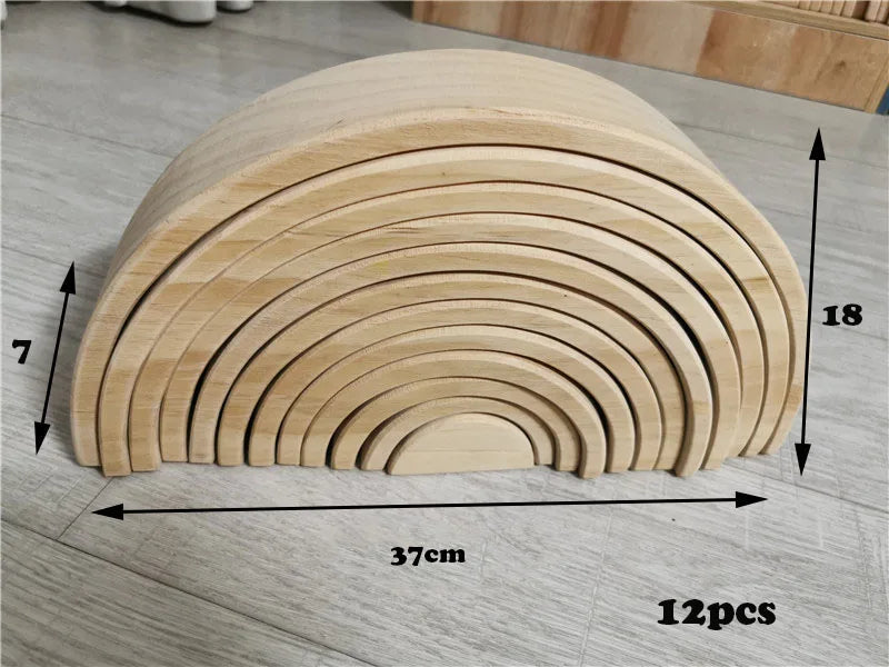 Kids wood rainbow arch stacker pastel building blocks semi-circle balls plate unpaint stacking toys - unpaint 12 - game