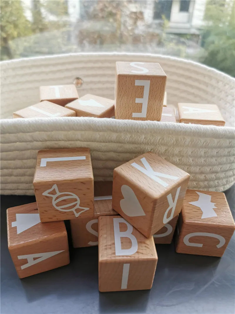 26pcs kids montessori wooden toys big beech alphabet blocks stacking with letter numbers cube bricks early learning - 1