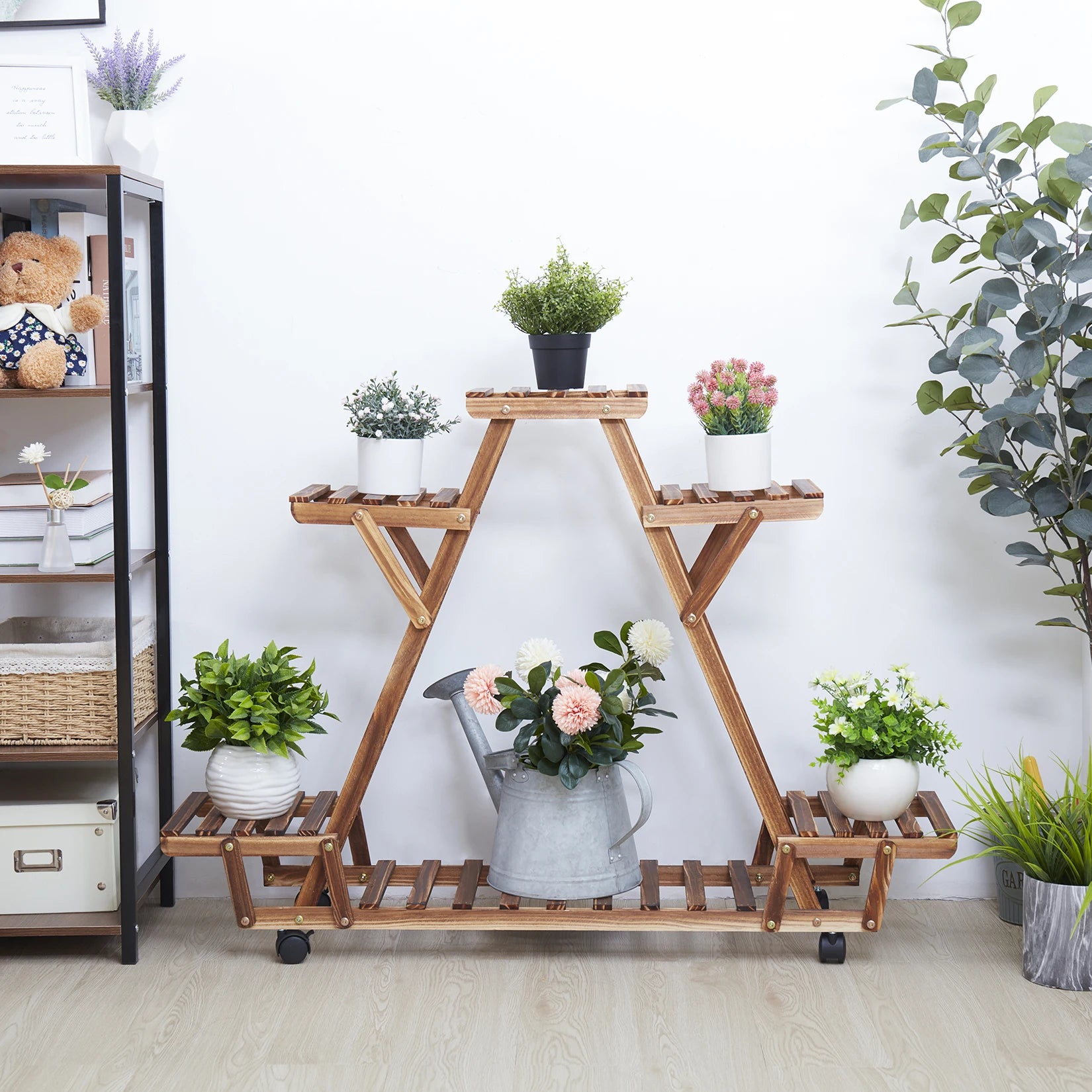 Triangular plant shelf 6 potted carbonized wood holder flower pot stand display storage rack with wheels for garden