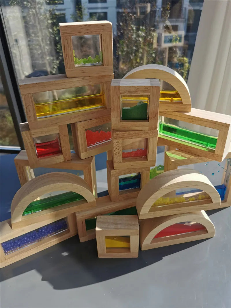Large children montessori wooden toys sensory blocks liquid beads sand rubber wood stacking acrylic buliding play - game