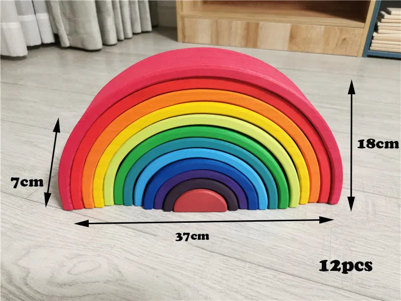 Kids wood rainbow arch stacker pastel building blocks semi-circle balls plate unpaint stacking toys - rainbow 12 - game