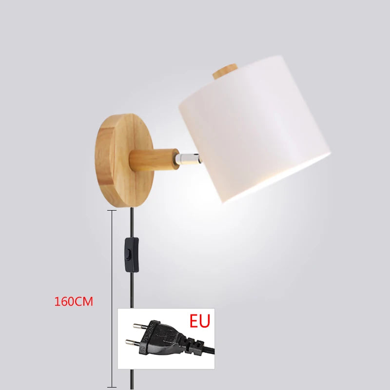 Nordic modern e27 led wall lamp with switch and eu us plug adjustable wood sconces light indoor home decor bedside