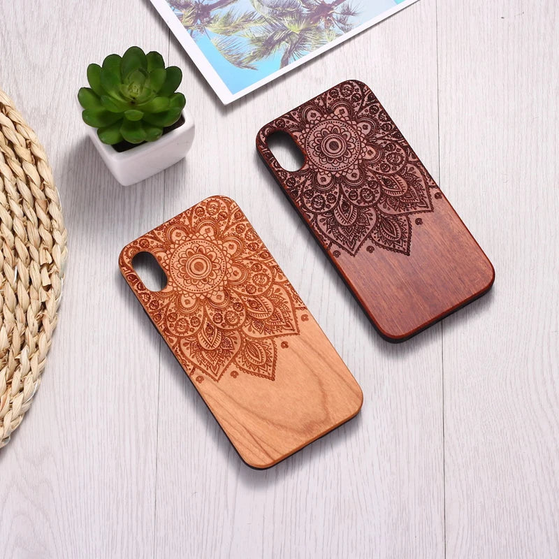 For iphone 12 11 pro max xs x xr se2 8 7 6s plus solid wood cherrywood vintage floral engraved back cover phone case