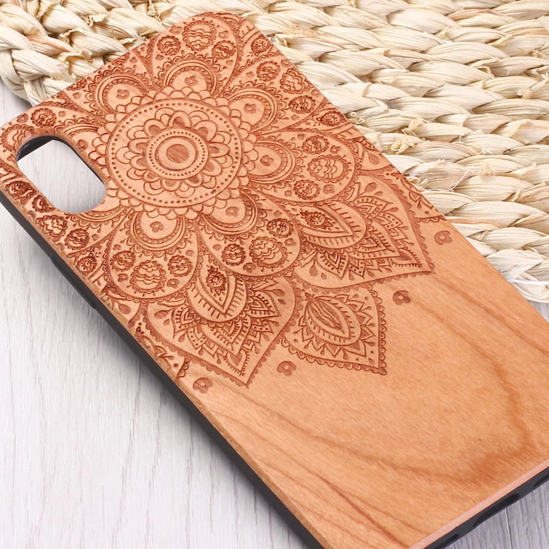 For iphone 12 11 pro max xs x xr se2 8 7 6s plus solid wood cherrywood vintage floral engraved back cover phone case