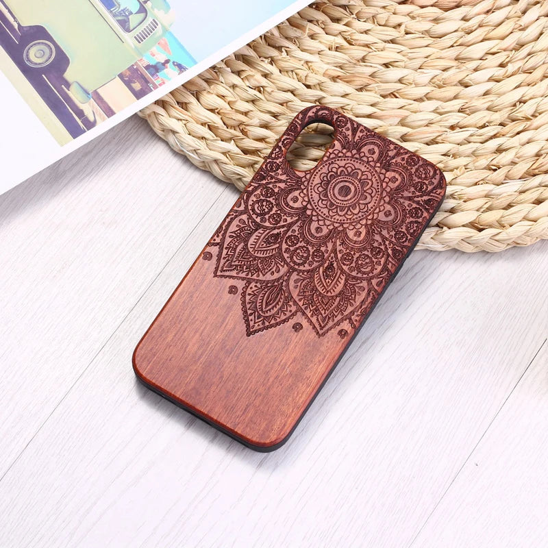For iphone 12 11 pro max xs x xr se2 8 7 6s plus solid wood cherrywood vintage floral engraved back cover phone case