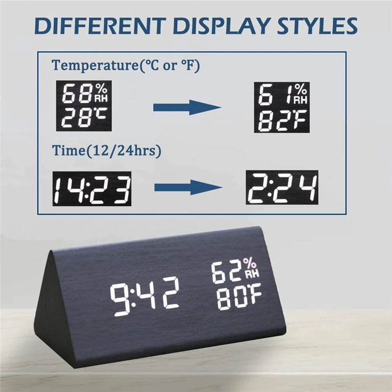 Wooden alarm clock led time display usb charger humidity and temperature detection digital for bedside table