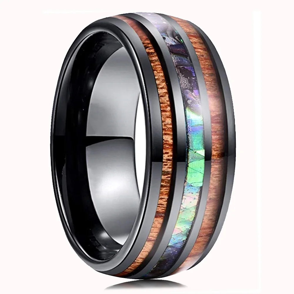 8mm men’s rose gold color stainless steel rings hawaiian koa wood and abalone shell opal inlay ring wedding band jewelry