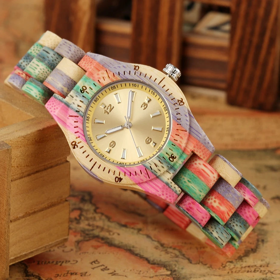 Women wood watch 100% handmade natural colorful bamboo quartz wristwatch design luxury montre bambu dama madera relojes