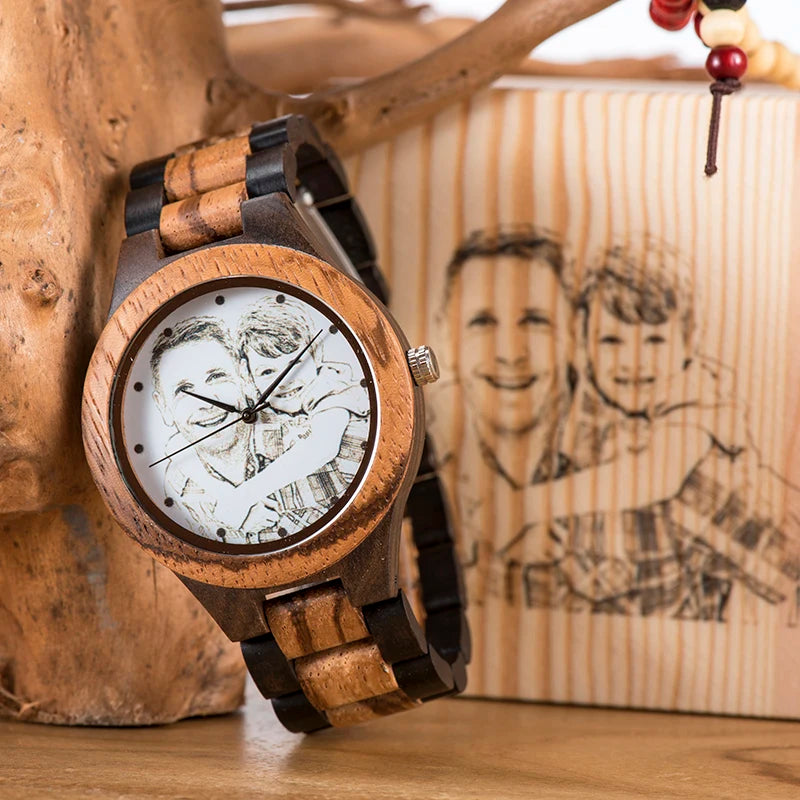Custom logo printing photo men watch unique bamboo wood engrave picture wristwatch anniversary christmas father’s day