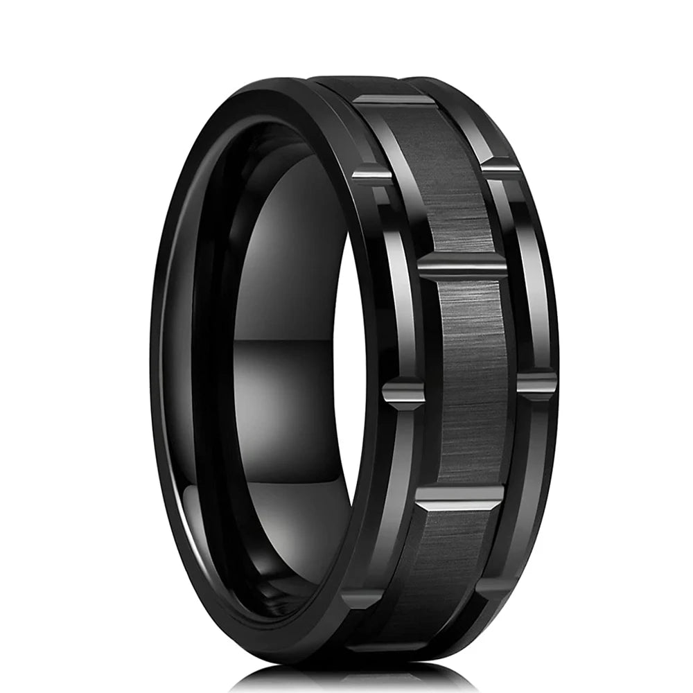 Fashion 8mm men stainless steel ring rose gold color brushed wood inlay rings for women wedding band jewelry birthday