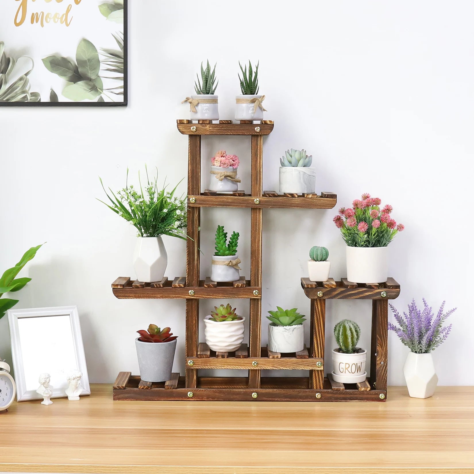 Multi-tiered plant stand 6 tiers pine wood succulent pots planter display rack balcony potted flower shelf indoor