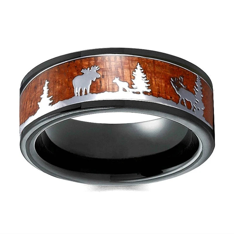 2023 fashion 8mm men black titanium wild life hunting ring koa wood inlay deer family silhouette steel wedding band