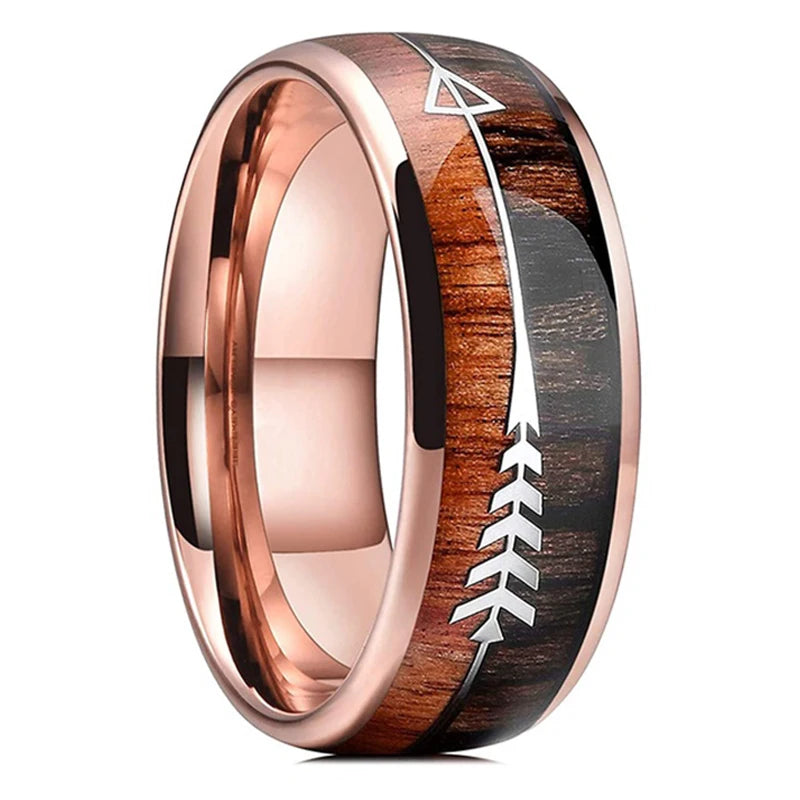Fashion 8mm silver color stainless steel arrow rings for men women inlaid hawaiian koa wood wedding band jewelry gifts