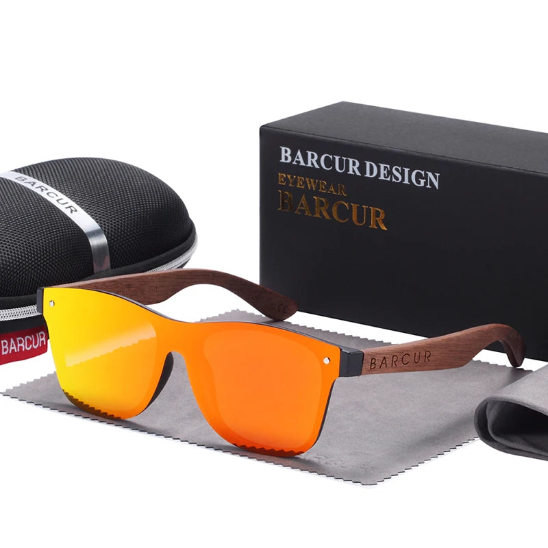 Barcur luxury vintage sun shade men wooden sunglasses uv400 protection fashion square glasses women - walnut orange