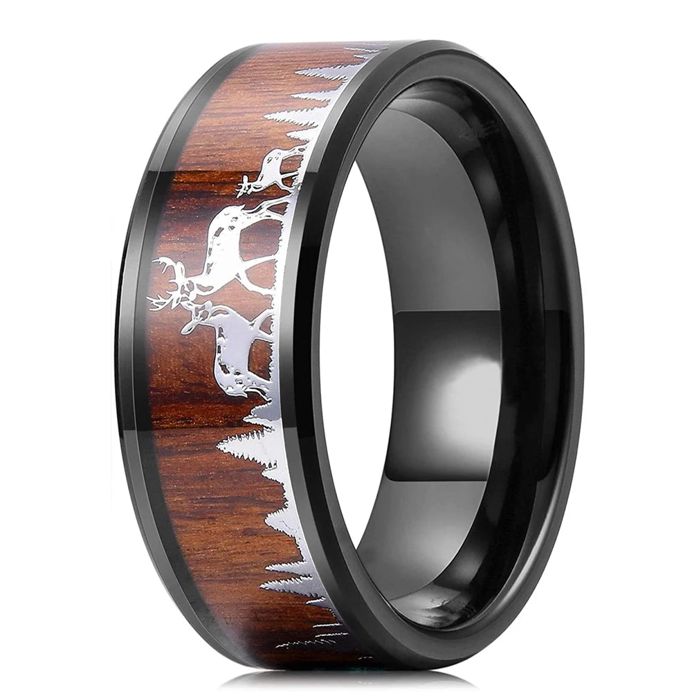 2023 fashion 8mm men black titanium wild life hunting ring koa wood inlay deer family silhouette steel wedding band