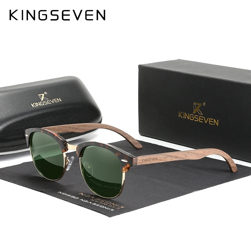 Kingseven new walnut wooden sunglasses for men polarized semi-rimless glasses uv400 eye protection retro eyewear women