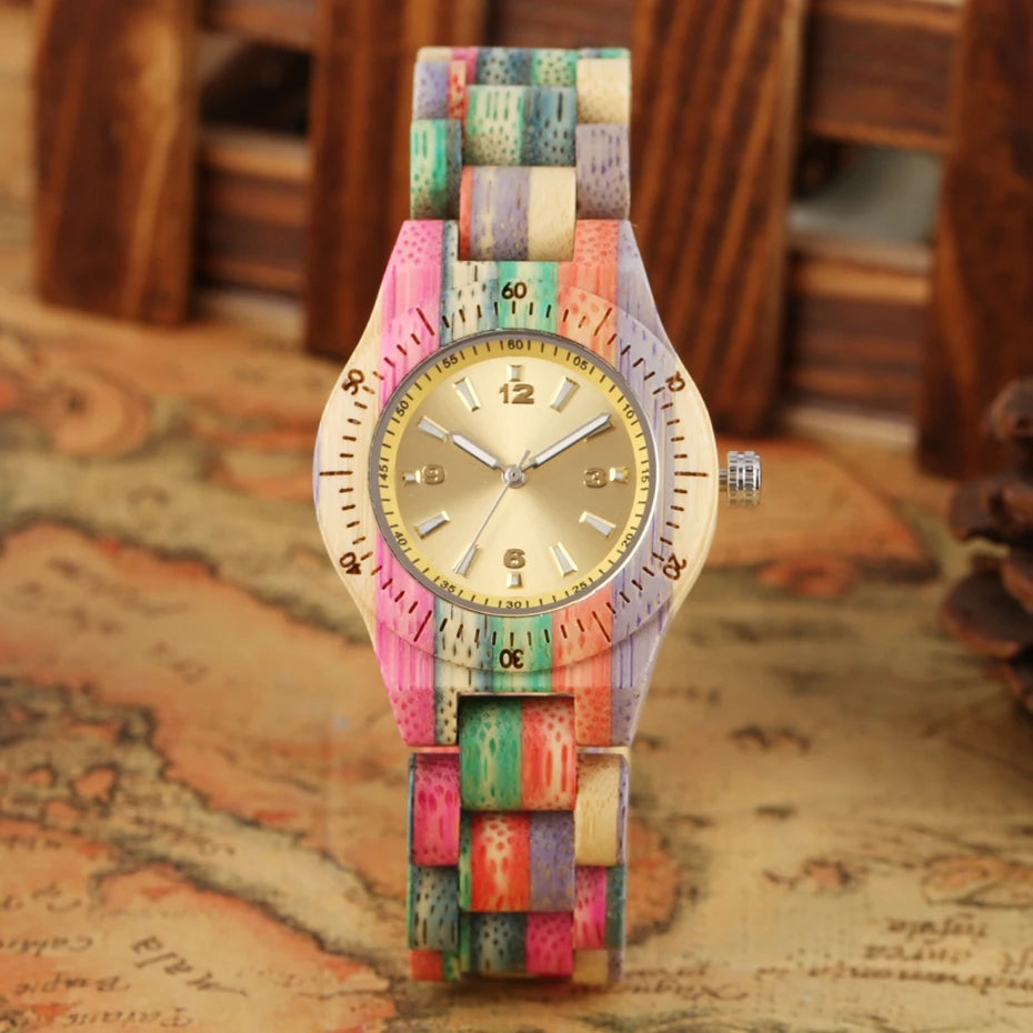 Women wood watch 100% handmade natural colorful bamboo quartz wristwatch design luxury montre bambu dama madera relojes