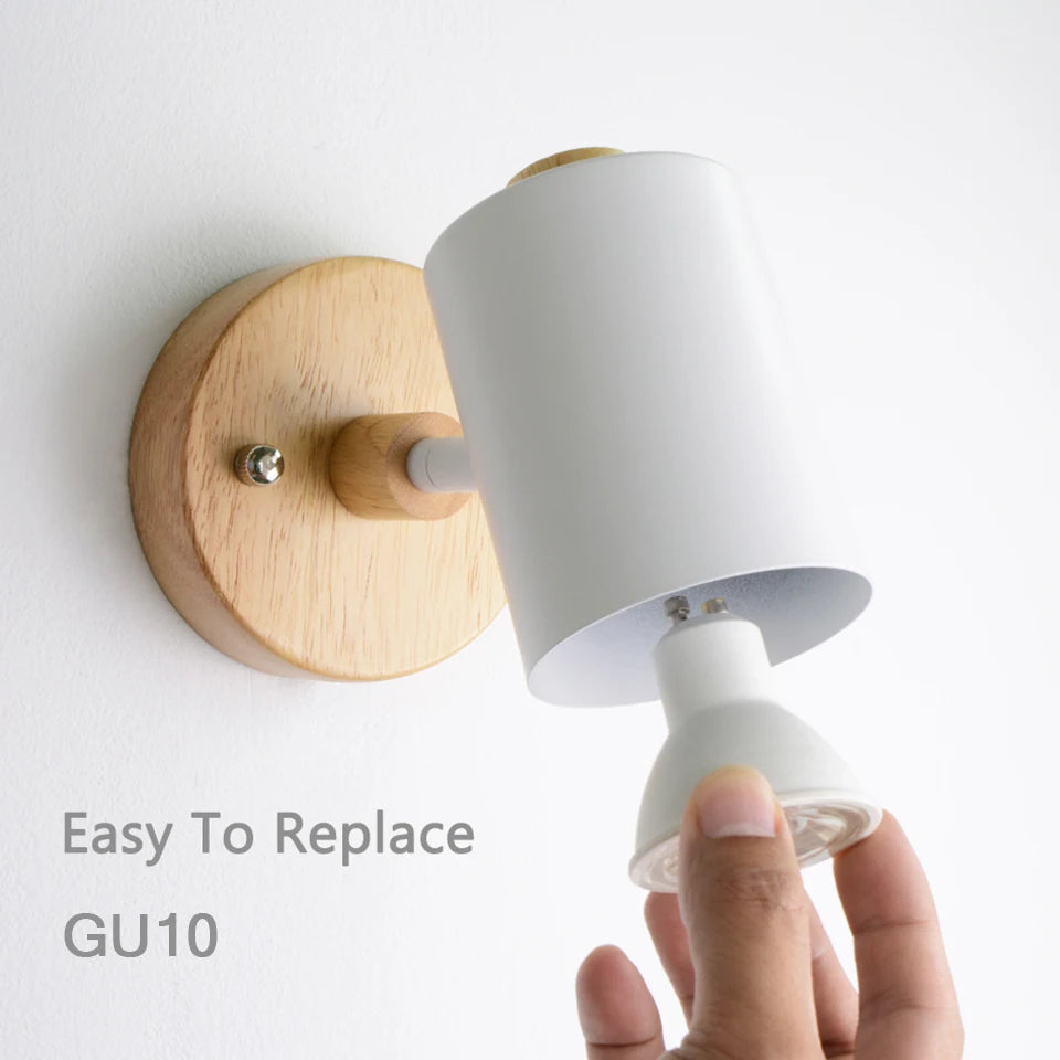 Nordic indoor gu10 wall lamp wooden 6 color with zip switch eu/ul plug lights for home bedroom living room aisle