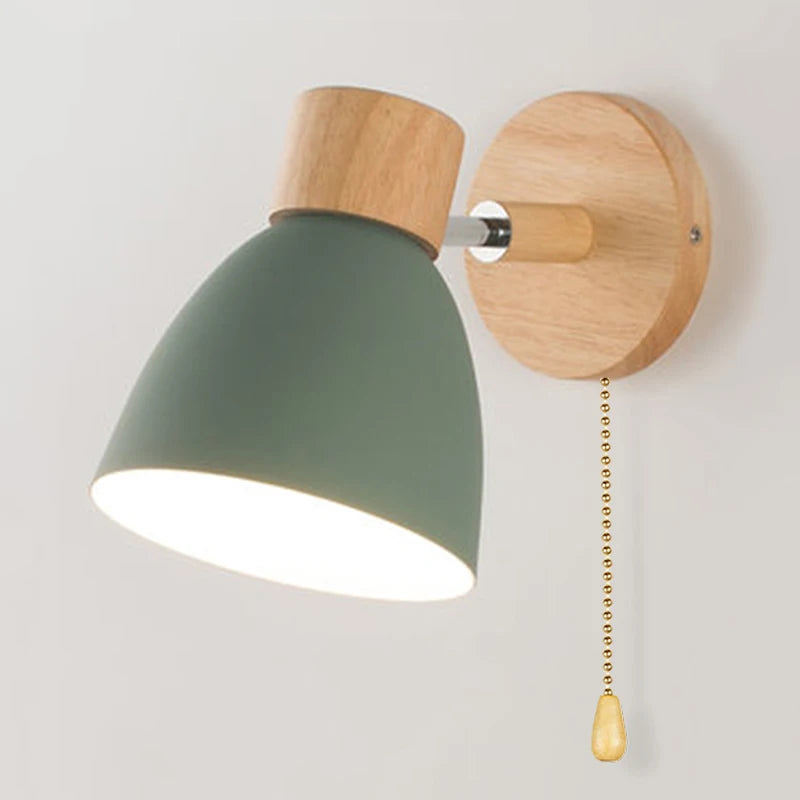 Wooden nordic wall lamp with switch modern sconce for bedroom living room home lighting macaroon 6 color steering head
