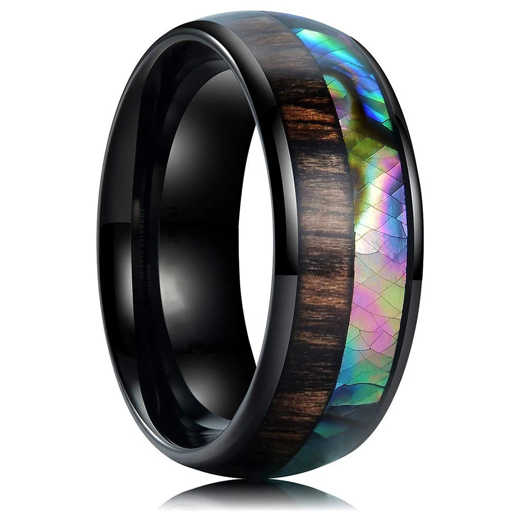 2023 fashion 8mm men black titanium wild life hunting ring koa wood inlay deer family silhouette steel wedding band