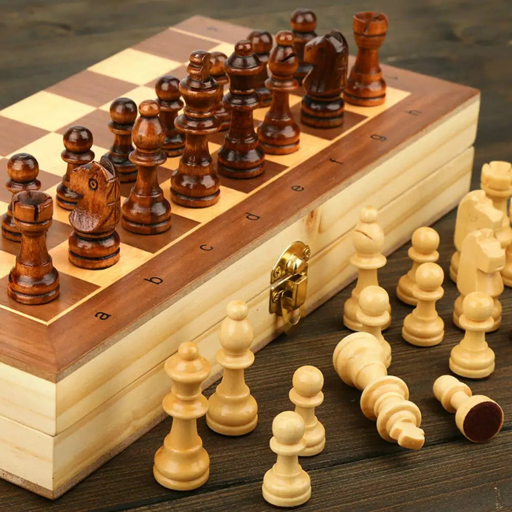 Magnetic wooden folding chess game set with felted board interior for storage adult kids beginner large 39cm*39cm