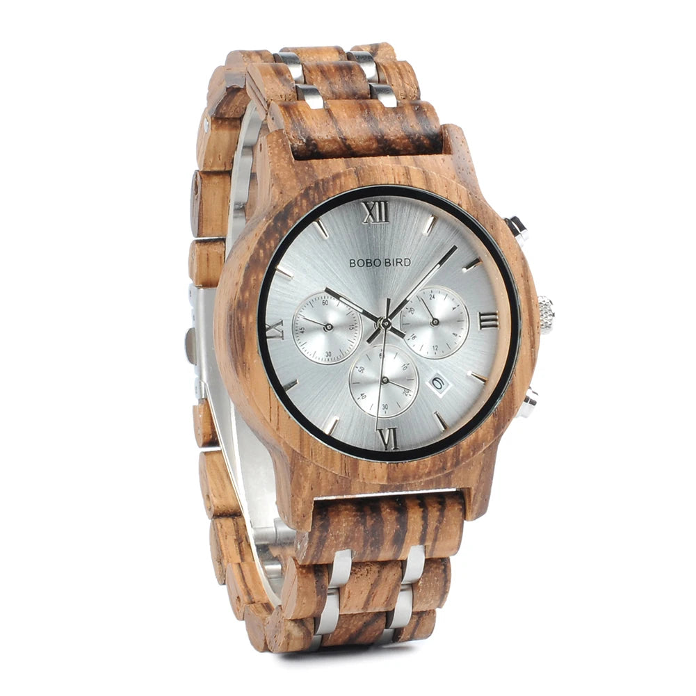 Bobobird luxury men watch top quartz chronograph personalized wristwatch timepiece metal wooden strap gift box relogio