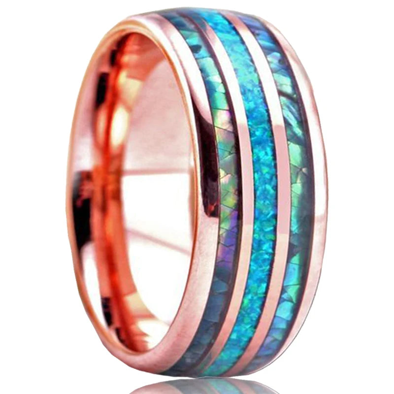8mm men’s rose gold color stainless steel rings hawaiian koa wood and abalone shell opal inlay ring wedding band