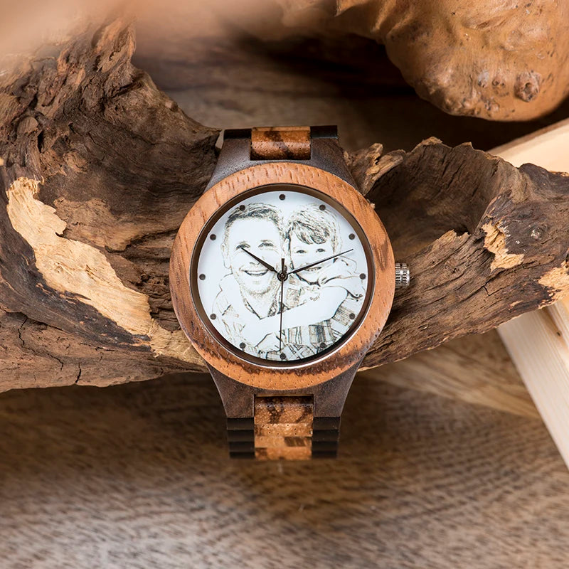 Custom logo printing photo men watch unique bamboo wood engrave picture wristwatch anniversary christmas father’s day