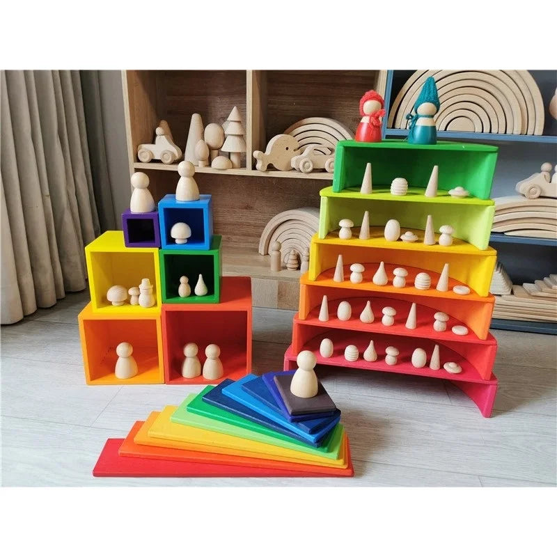 Kids wood rainbow arch stacker pastel building blocks semi-circle balls plate unpaint stacking toys - game