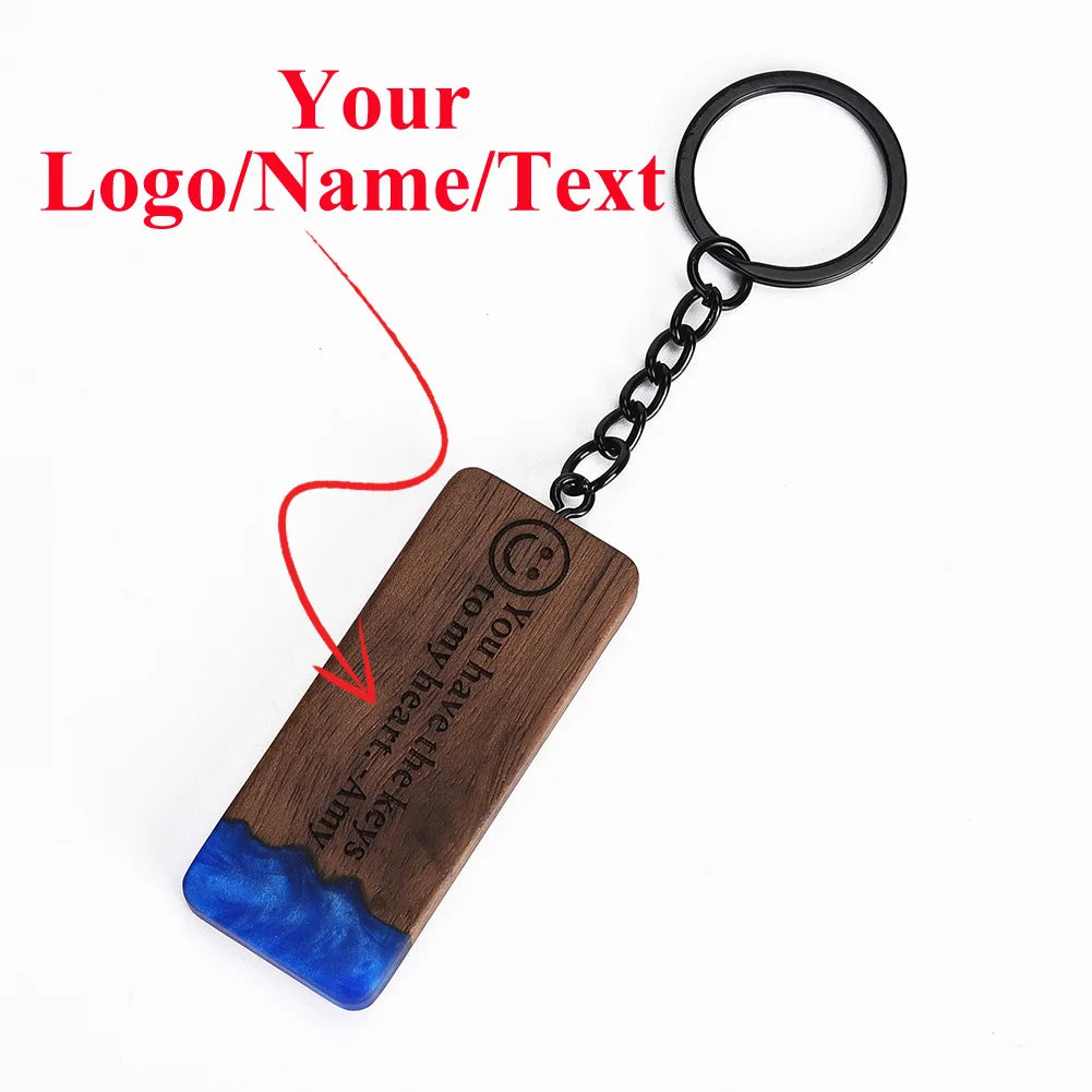 Custom resin wood keychain fashion personlized gift for couple car key ring chain engraving text logo name oem