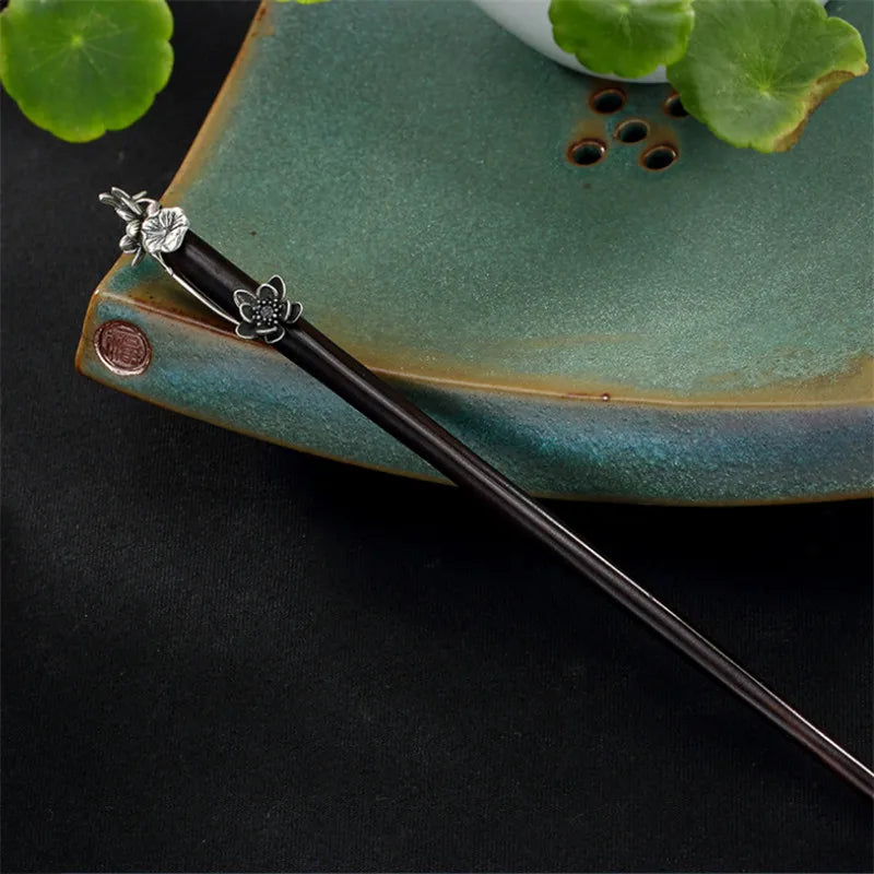 Uglyless natural wood sandalwood ethnic hair sticks for women thai silver lotus flower leaf decorations 925 forks