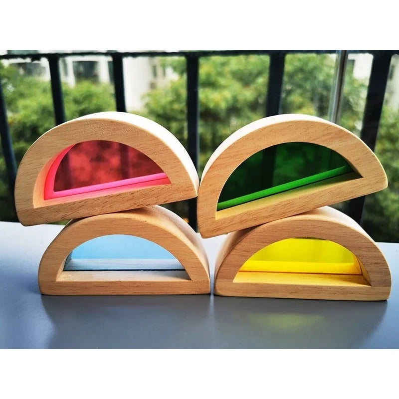 Kids montessori wooden toy sensory rainbow mirror blocks solid rubber wood stacking acrylic building stacker