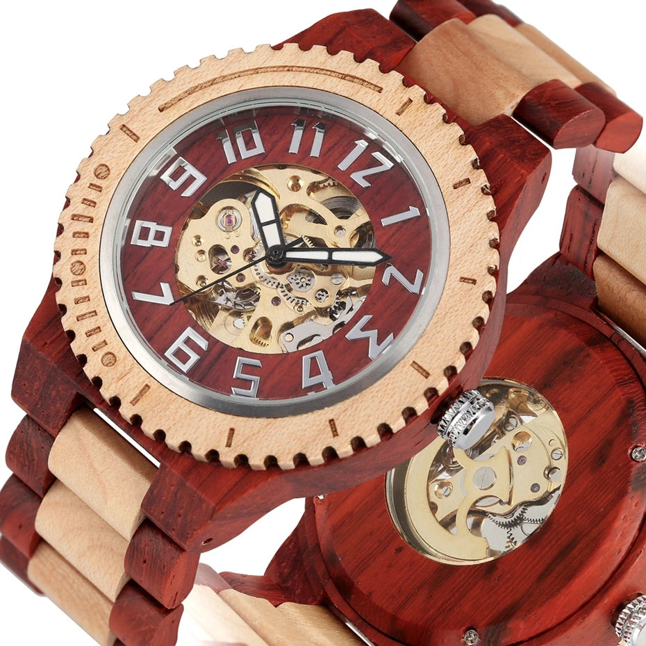 Vintage red wood watch mens automatic mechanical wristwatches wooden band simple round dial luxury relogio masculino