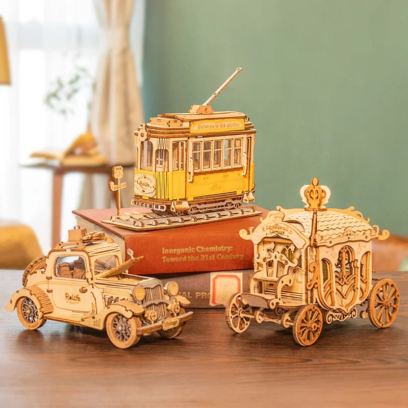 Robotime 3 kinds diy 3d transportation wooden model building kits vintage car tramcar carriage toy gift for children