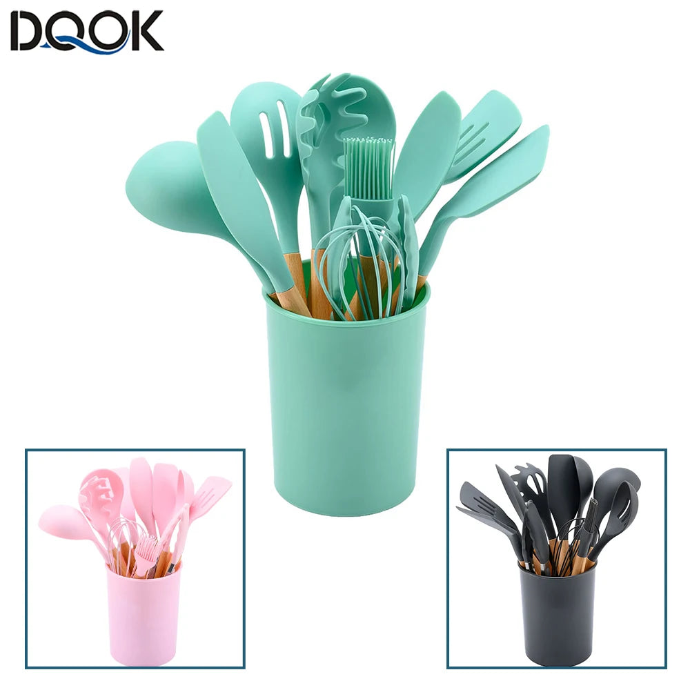 silicone-kitchenware-cooking-utensils-set-non-stick-cookware-spatula-shovel-egg-beaters-wooden-handle-kitchen-cooking-tool-set